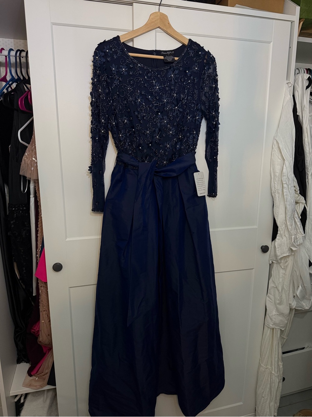 Beaded Navy Long-Sleeve Evening Gown with Sash